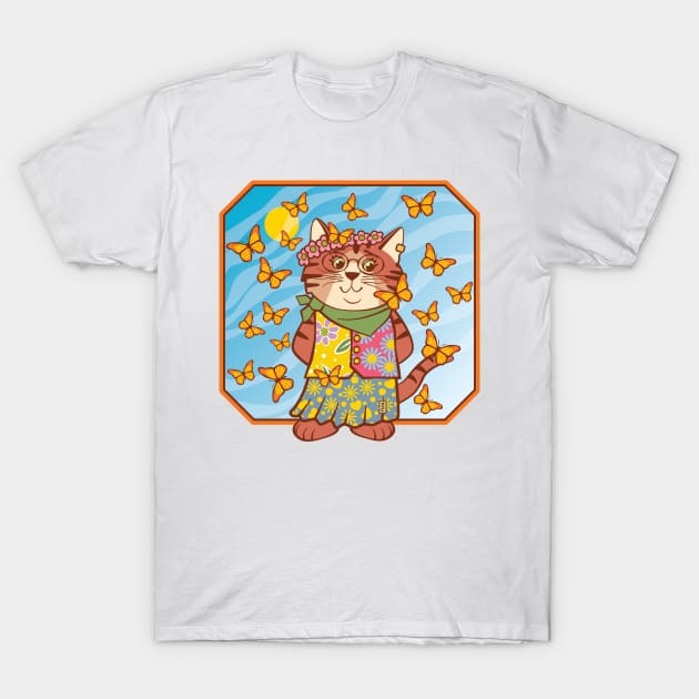 Boho Hippie Cat with Butterflies T-Shirt by Sue Cervenka